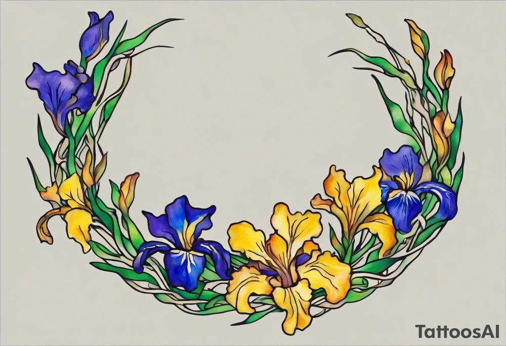 Create a small colorful Vincent van Gogh Irises tattoo in the form of a crescent, with vines gracefully intertwining at a central point in the middle of the wreath. The intended placement is on the upper chest. The overall design should be small in size while maintaining a delicate and artistic aesthetic. Pay attention to the graceful flow of the vines and the placement of the irises to achieve a refined and elegant look. tattoo idea