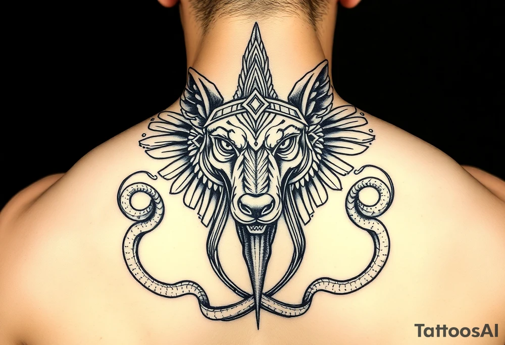 Egyptian Anubis god face muscle in Egypt style dog face surrounded Egyptian symbols and snakes full back tattoo idea