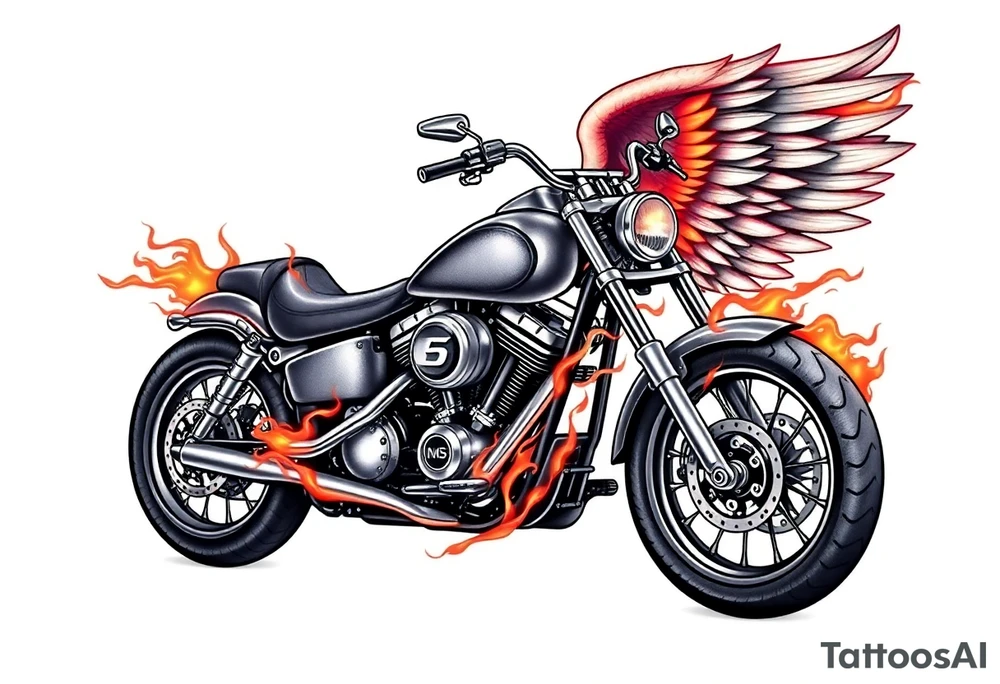 Harley grey motorcycle driving away, flames, angel wings tattoo idea