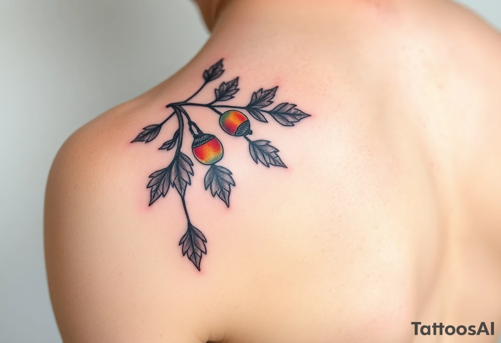 colored tattoo on the arm depicting an oak branch with acorns and poppy flowers tattoo idea