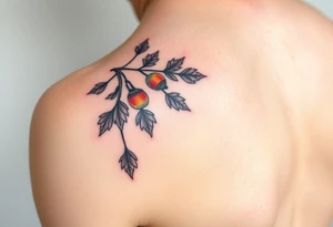colored tattoo on the arm depicting an oak branch with acorns and poppy flowers tattoo idea