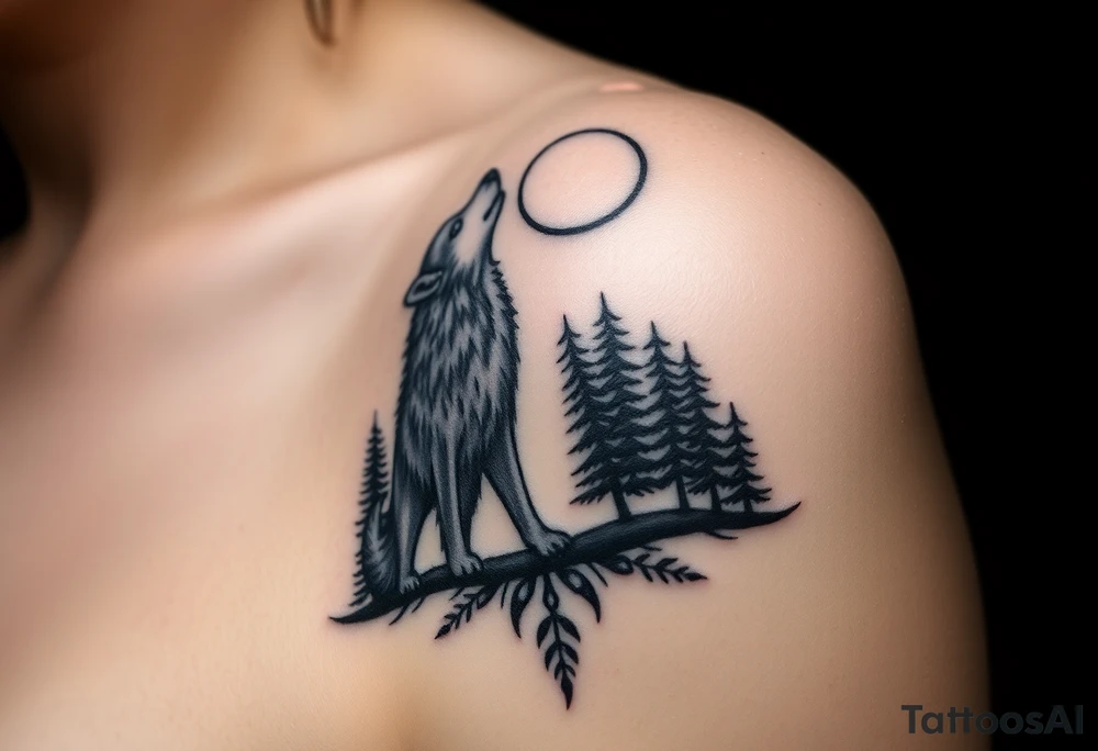 Lone wolf howling at the moon in the forest in the night Columba star tattoo idea