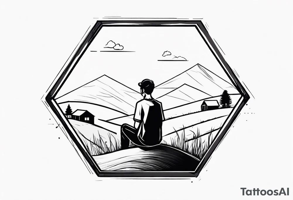 Design a tattoo featuring a hexagon framed by a bold black line. Inside the hexagon, illustrate a boy sitting on a bale of hay in a field, gazing into the distance. tattoo idea