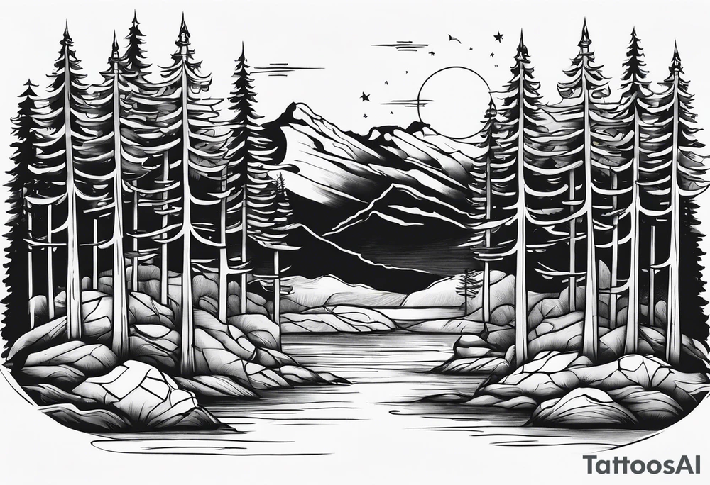 Full back ancient pine Forrest tattoo idea