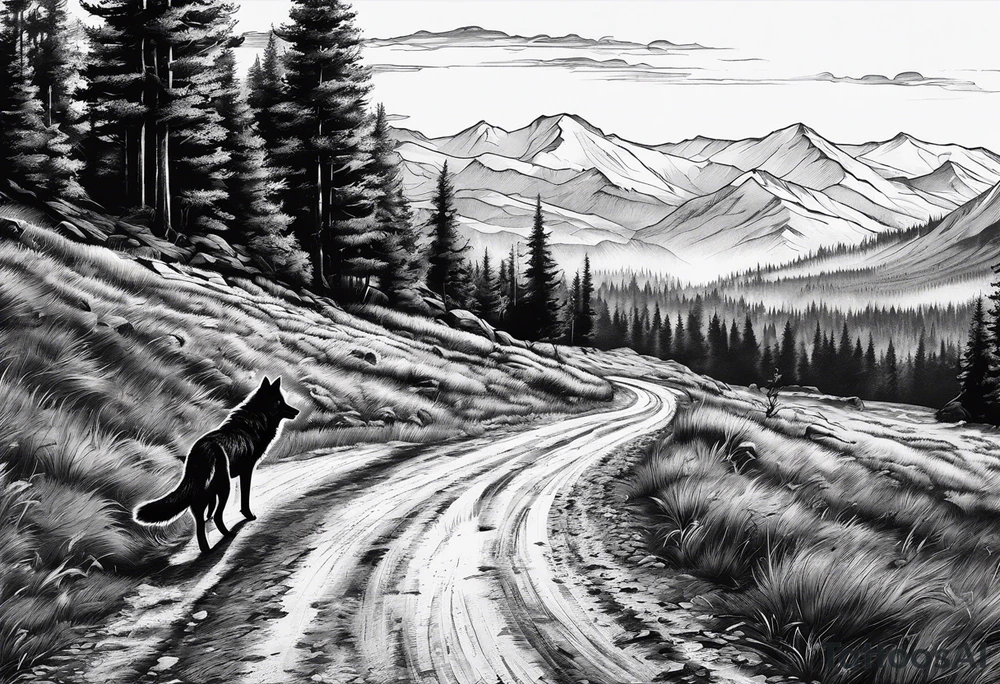 Lone wolf on a path or road. A pack of wolfs on the opposite end of road. More realistic tattoo idea