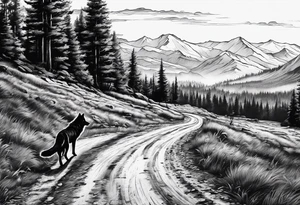 Lone wolf on a path or road. A pack of wolfs on the opposite end of road. More realistic tattoo idea