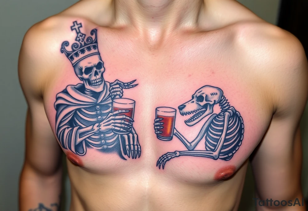 evil skeleton king in clothes having a good time getting drunk with skeleton dog tattoo idea