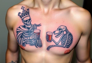 evil skeleton king in clothes having a good time getting drunk with skeleton dog tattoo idea