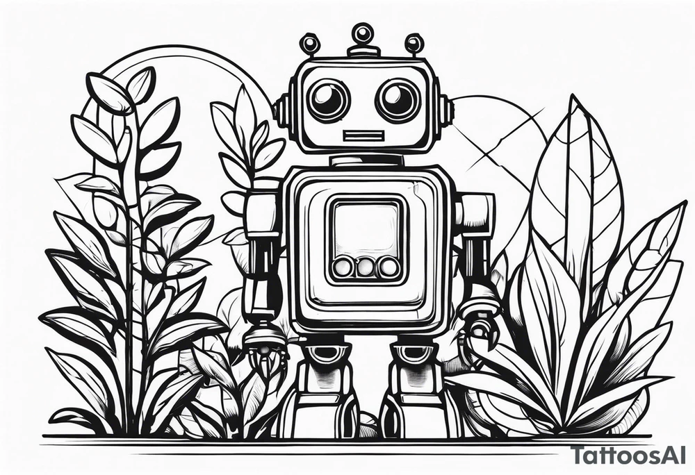 vintage robot plant tattoo idea