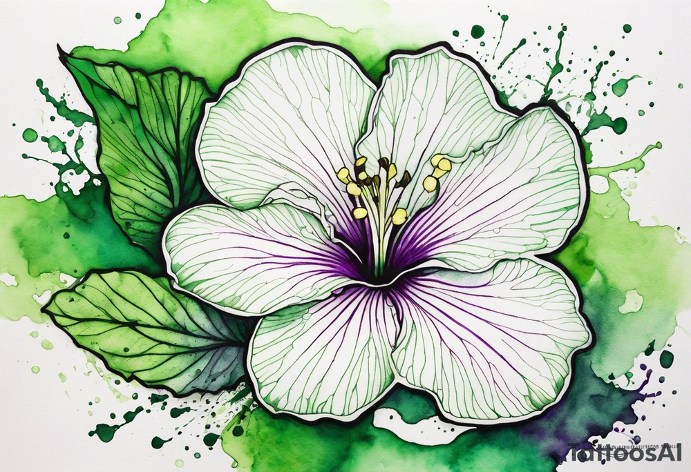An outline of a green rio dipladenia flower and a green and purple watercolor splash in the background tattoo idea