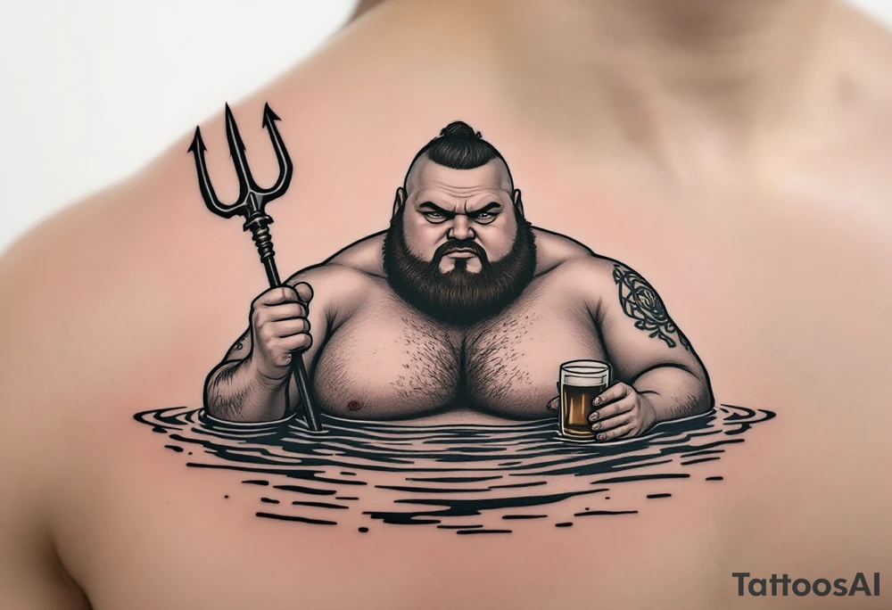 Gay fat guy, with no facial hairs, with trident, half way in calm water, with a beer tattoo idea