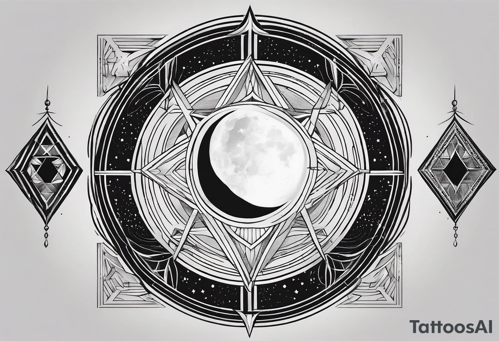 Blackwork tattoo sketch with moon and star. Sacred geometry tattoo design, mystic symbol. New school dotwork, line art minimalist style tattoo. Boho design. Print, posters, t-shirts and textiles tattoo idea