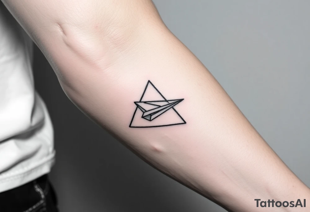 Geometric small triangle with a paper plane while being psychedelic with fine thin lines tattoo idea
