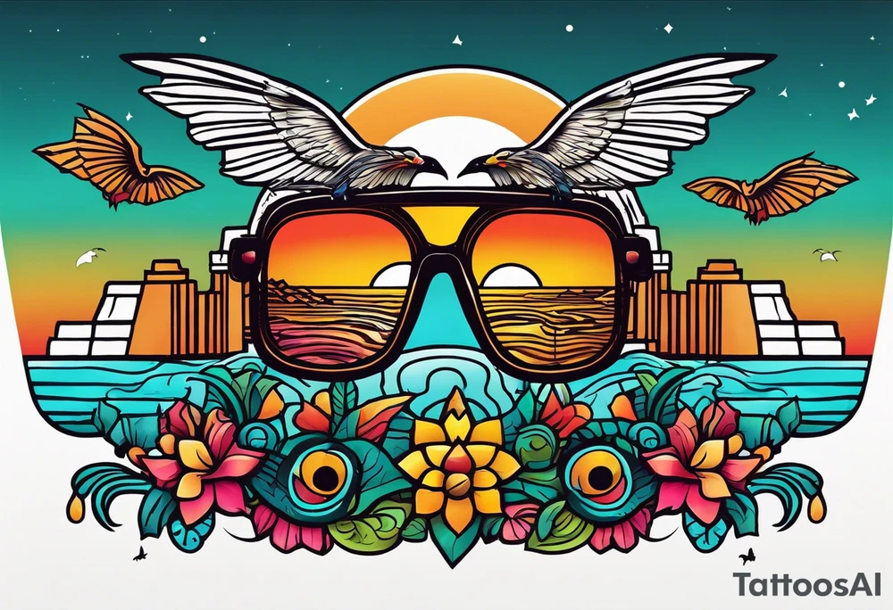 Colorful Mayan hieroglyph with sunglasses reflecting Chichen itza. Bats and waves in background tattoo idea