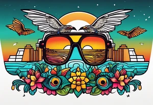 Colorful Mayan hieroglyph with sunglasses reflecting Chichen itza. Bats and waves in background tattoo idea