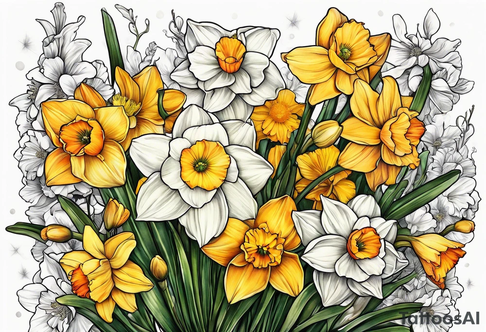 Narcissus,holly,marigold,daffodil, cosmos left arm sleeve tattoo idea