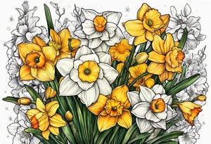 Narcissus,holly,marigold,daffodil, cosmos left arm sleeve tattoo idea