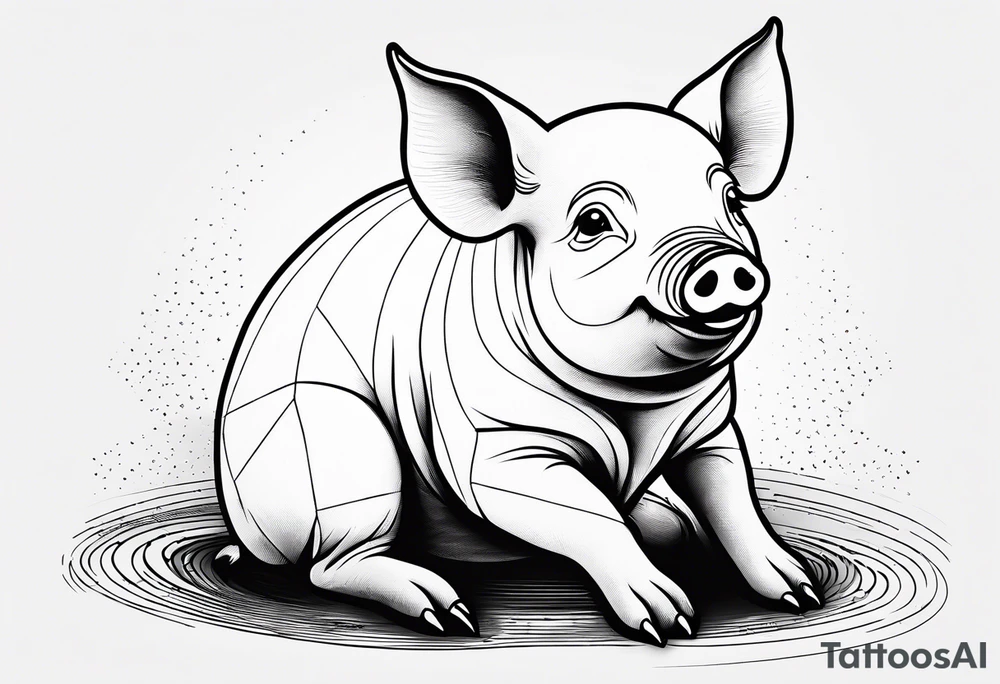 cute piglet sitting on bum. thin lines minimal shading, black and white only, with text "friends not food", white background tattoo idea