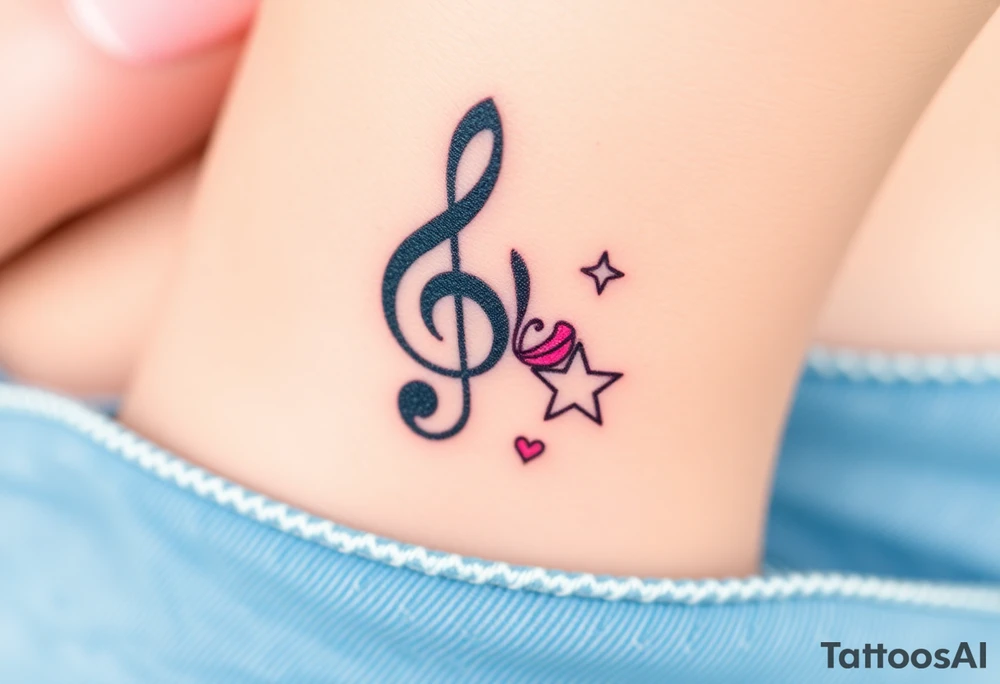 A swirl containing the Treble clef, book, dog paw, star, pokemon psyduck, heart tattoo idea