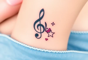 A swirl containing the Treble clef, book, dog paw, star, pokemon psyduck, heart tattoo idea