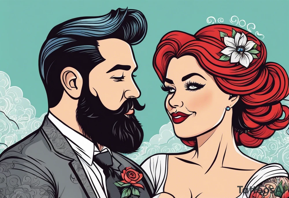 Busty red haired woman with a bearded man with black hair getting married tattoo idea