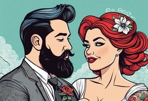 Busty red haired woman with a bearded man with black hair getting married tattoo idea
