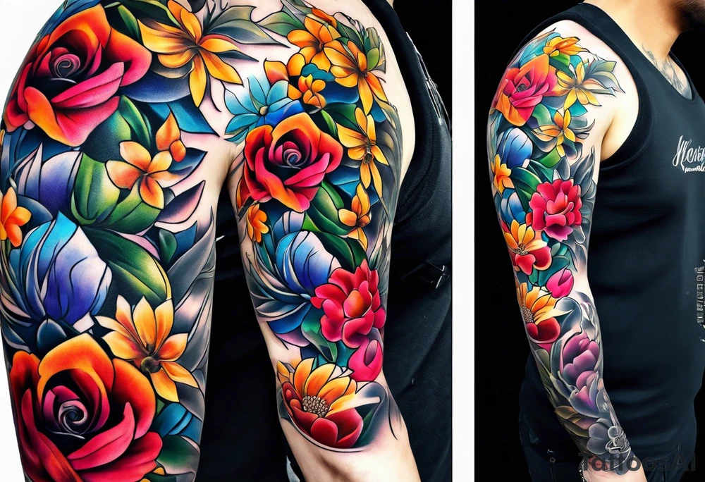 Male floral sleeve tattoo idea