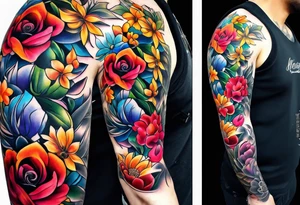 Male floral sleeve tattoo idea
