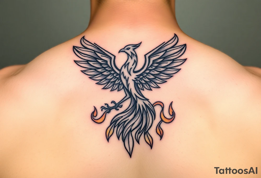 magnificent phoenix rising from golden flames with trailing embers tattoo idea