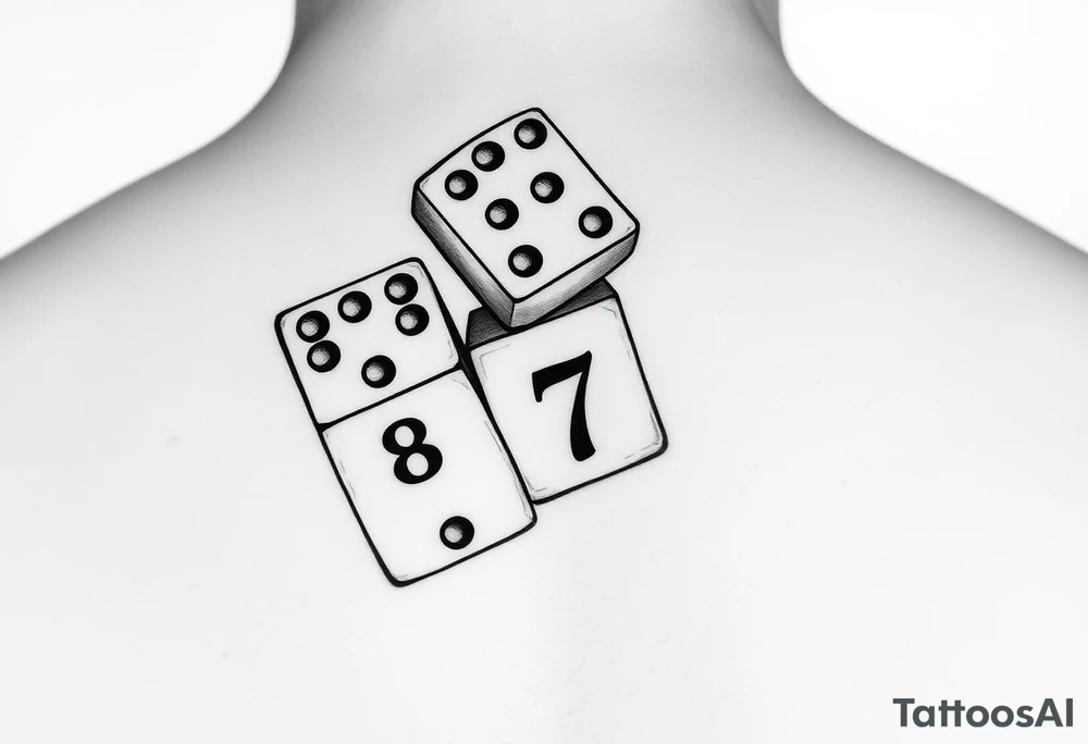Three realisticdomino tiles falling onto each other like in the game, showing the pips 8, 7, and 6. tattoo idea