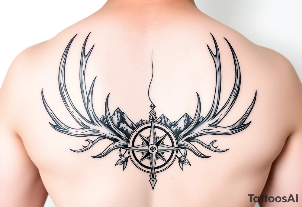 Long one line 1 in wide by 10 inches long of real elk and deer antlers sheds intertwined , a compass, and mountains tattoo idea