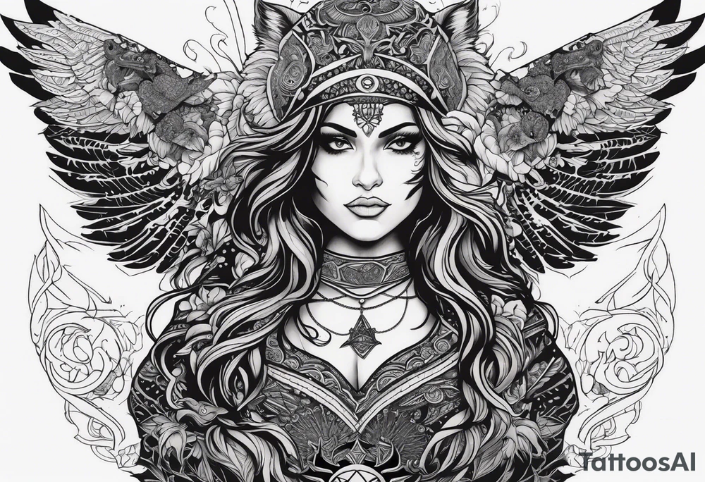 black kali, goddess pirate, alien, angel, pachamama, valkrye, warrior, flying, skull, lotus azul, wing, eagle, zenza resonance, stars, 5D, anahata chakra, death, durga, riding on a tiger, flying lady, chest tatoo tattoo idea