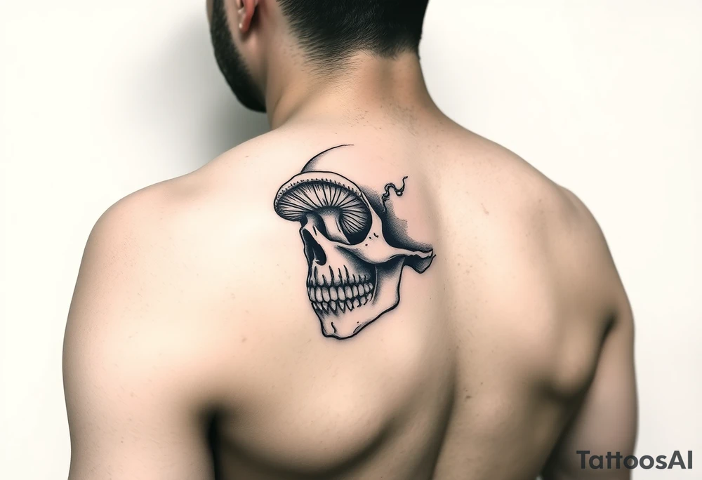 right side of a skull with mushroom out of its eyes tattoo idea