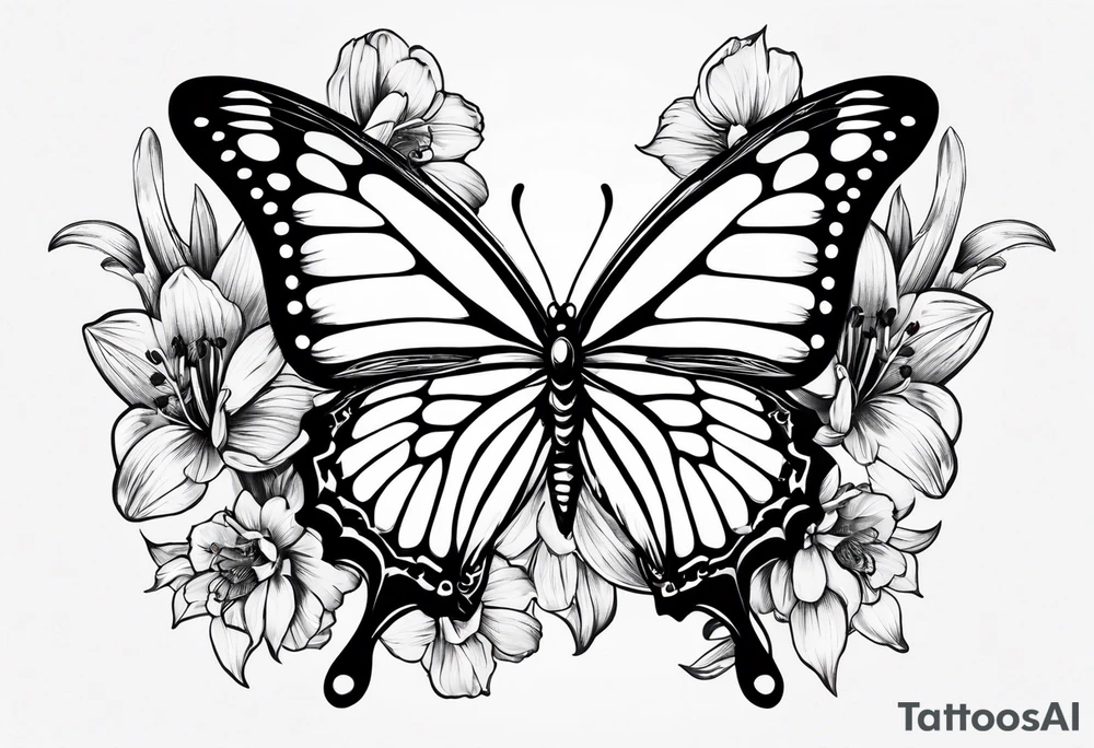 Butterfly with one side of the butterfly wings has angel feathers, the otherside of the butterfly wing shaped out of lily flowers. Add daffodil and daisy’s around the top and bottom tattoo idea