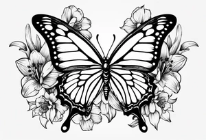 Butterfly with one side of the butterfly wings has angel feathers, the otherside of the butterfly wing shaped out of lily flowers. Add daffodil and daisy’s around the top and bottom tattoo idea