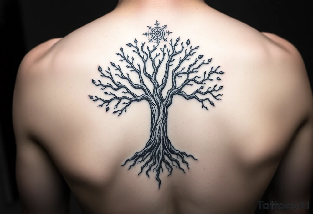 mystical tree of life with cosmic roots and celestial branches tattoo idea