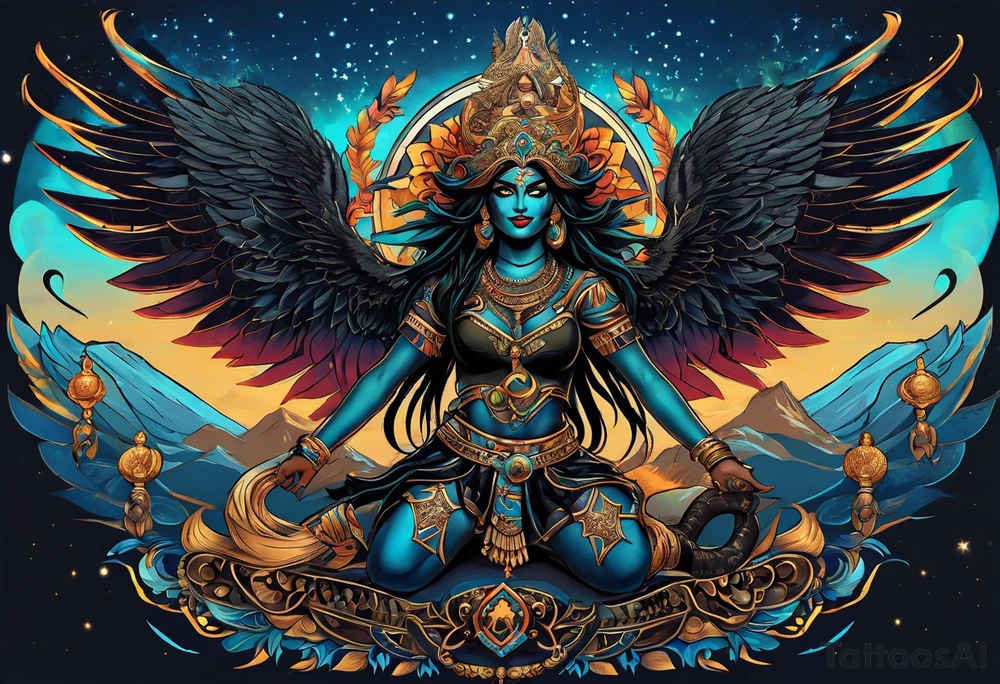 black kali, goddess pirate, alien, angel, pachamama, valkrye, warrior, flying, skull, lotus azul, wing, eagle, zenza resonance, stars, 5D, anahata chakra, death, durga, riding on a tiger, flying lady tattoo idea