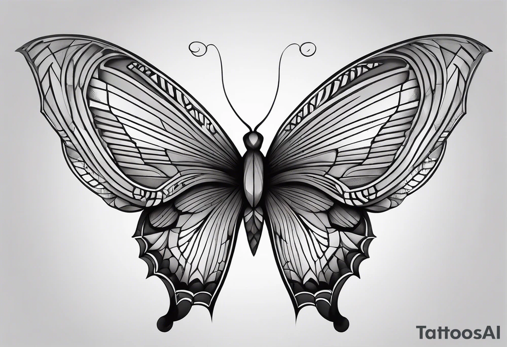 Minimalist butterfly with fine line wings, incorporating M.C. Escher’s geometric tessellation patterns in the wing structure, soft black-and-gray shading for depth. tattoo idea