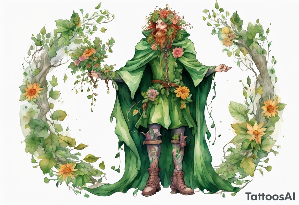 A young, beautiful tree-man hybrid with flower hair and a cloak made of leaves. Wearing floral medieval boots. Singing. tattoo idea