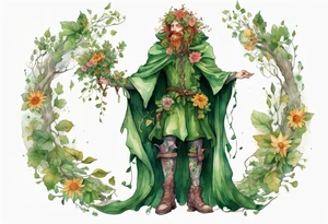 A young, beautiful tree-man hybrid with flower hair and a cloak made of leaves. Wearing floral medieval boots. Singing. tattoo idea