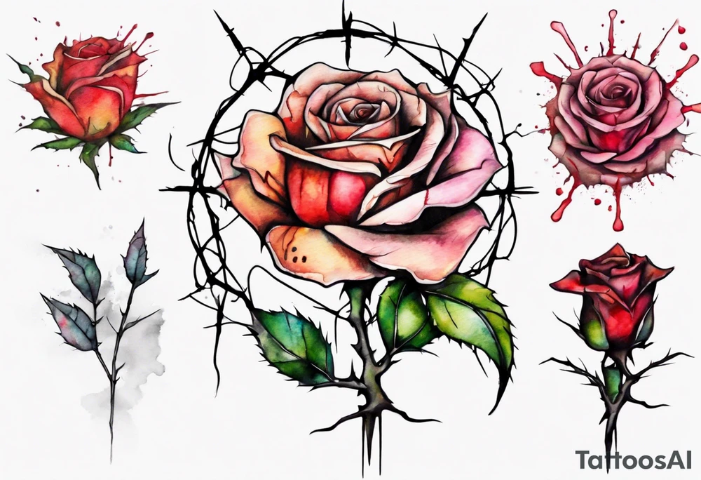 a bleeding watercolor rose, with Jesus' crown of thorns as the stem, simple, one line tattoo idea