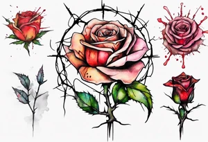 a bleeding watercolor rose, with Jesus' crown of thorns as the stem, simple, one line tattoo idea