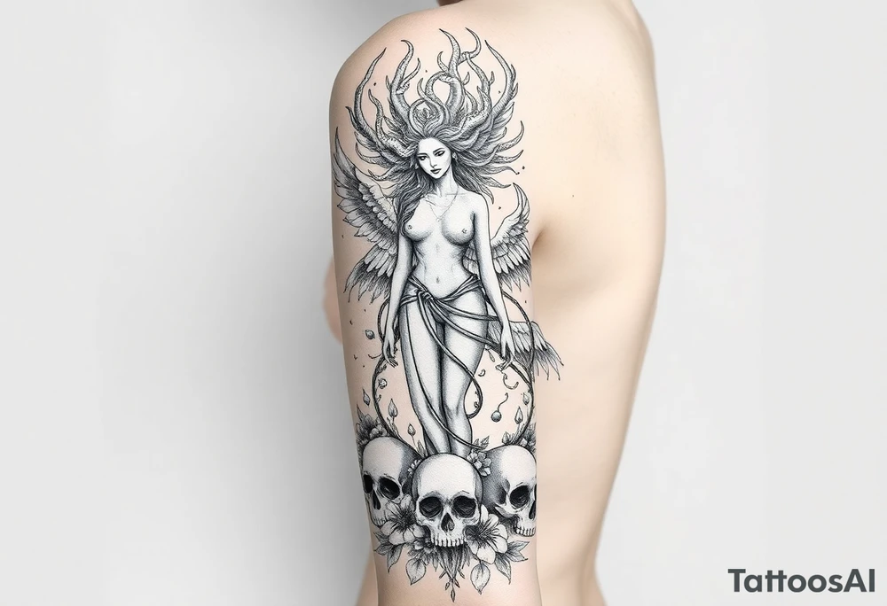 Ethereal Medusa standing. She is beautiful and feminine. She is a phoenix rising from fire and ash. Surrounded by flowers and standing around skulls. Incorporate the phoenix and fire into the Medusa tattoo idea