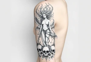 Ethereal Medusa standing. She is beautiful and feminine. She is a phoenix rising from fire and ash. Surrounded by flowers and standing around skulls. Incorporate the phoenix and fire into the Medusa tattoo idea