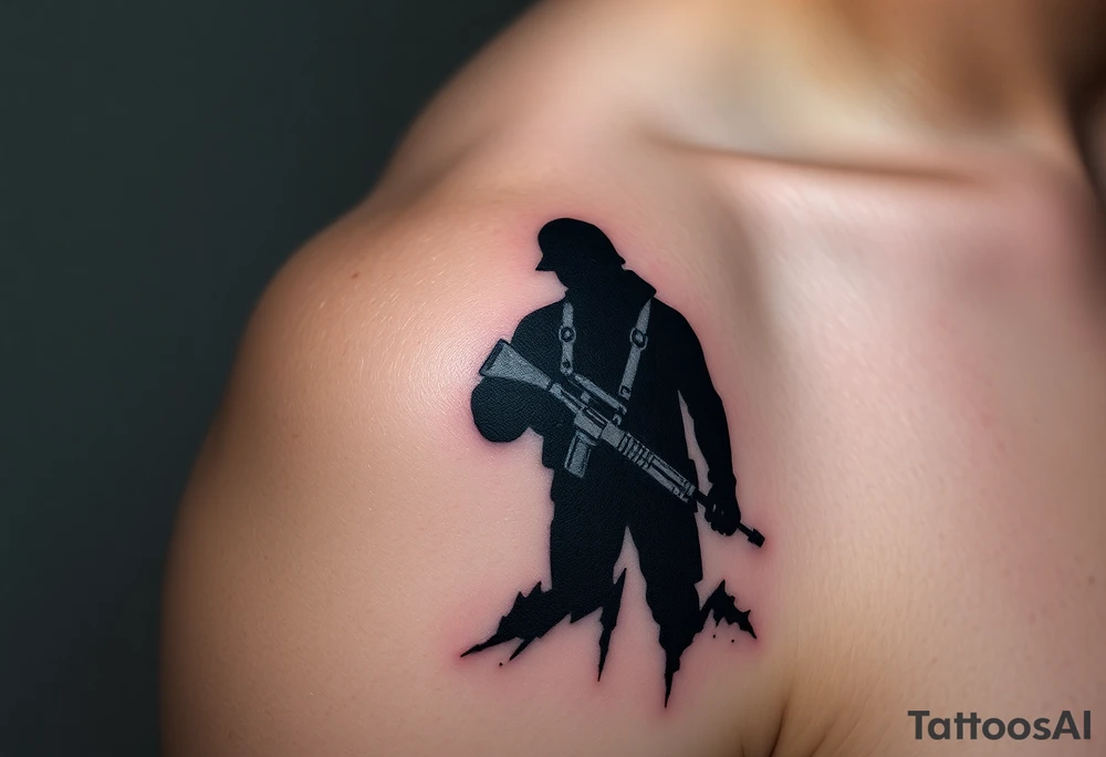 Minimalist covert operative symbolism representing loyalty and survival, faceless soldier silhouette emerging from darkness, torn fabric, subtle scars, controlled posture, black and grey realism, emotional restraint, understated strength, tattoo sleeve element. tattoo idea