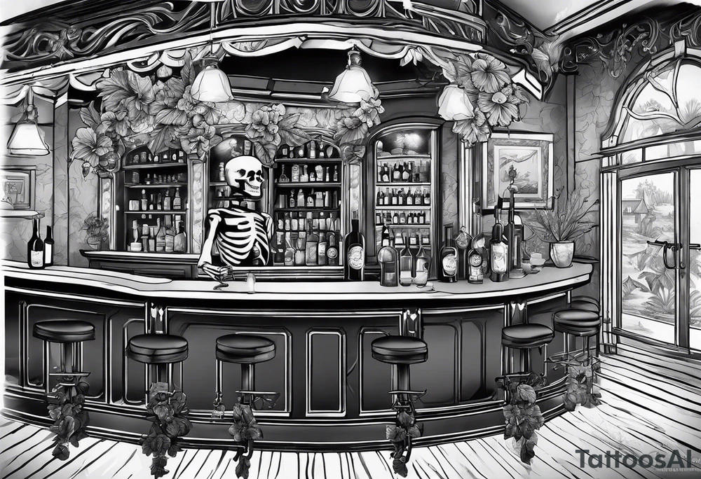 a bar scene with a skeleton couple with hibiscus flowers. western style tattoo idea