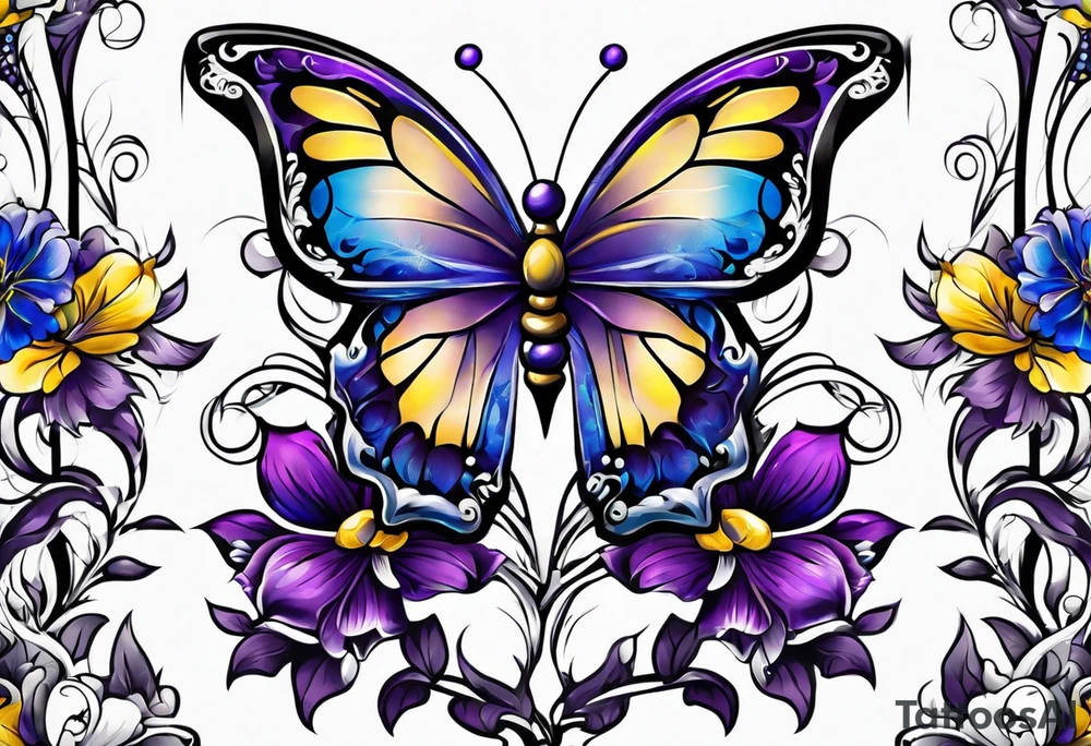 A cross with purple, yellow and blue flowers with a butterfly arm.sleeve tattoo idea