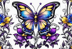 A cross with purple, yellow and blue flowers with a butterfly arm.sleeve tattoo idea