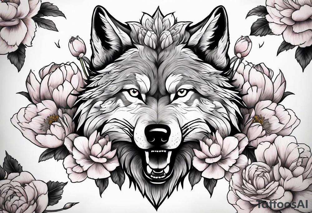 Fighting wolf with peony tattoo idea