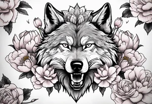 Fighting wolf with peony tattoo idea